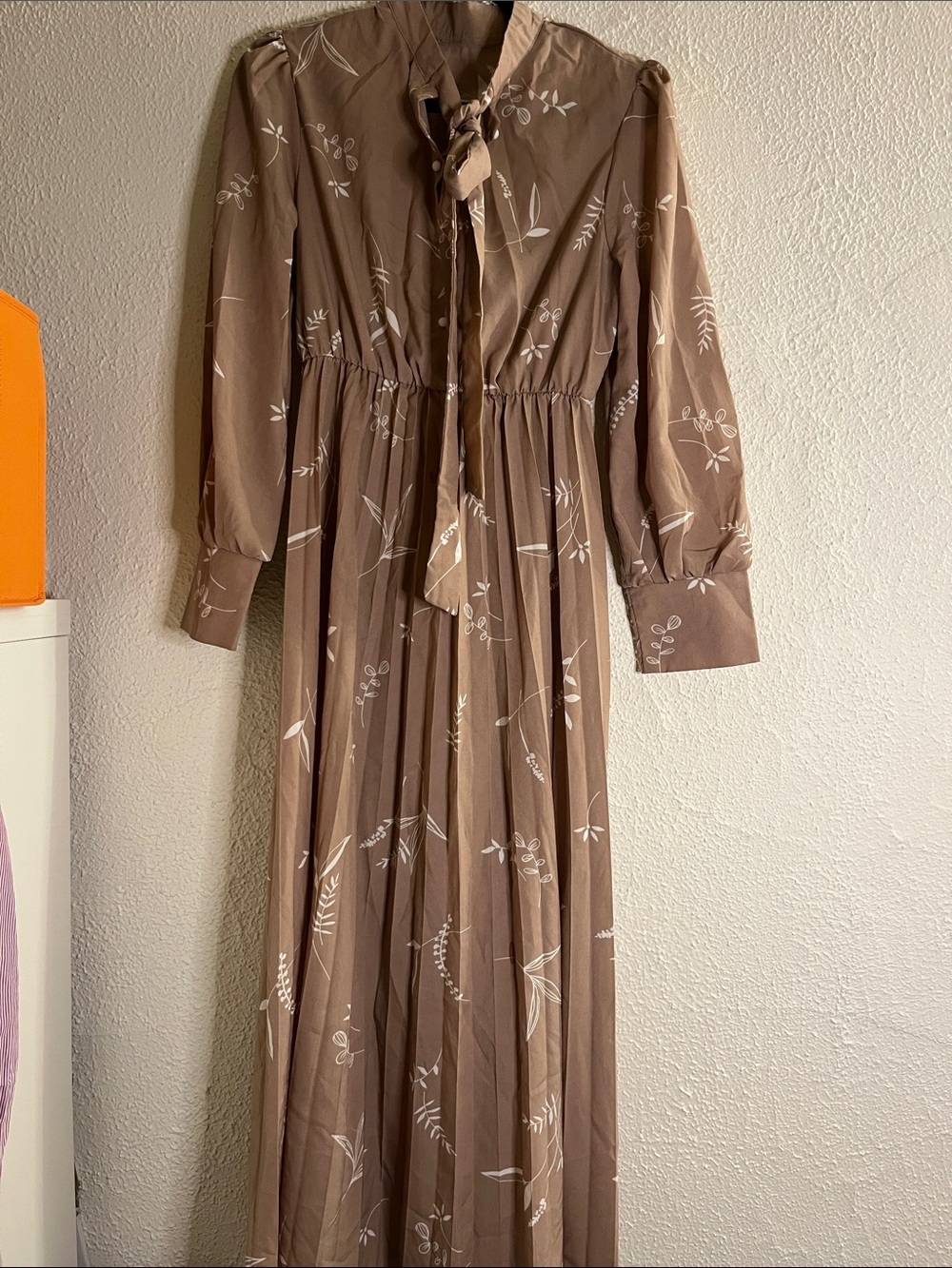 Vintage Taupe Floral Tie-Neck Maxi Dress